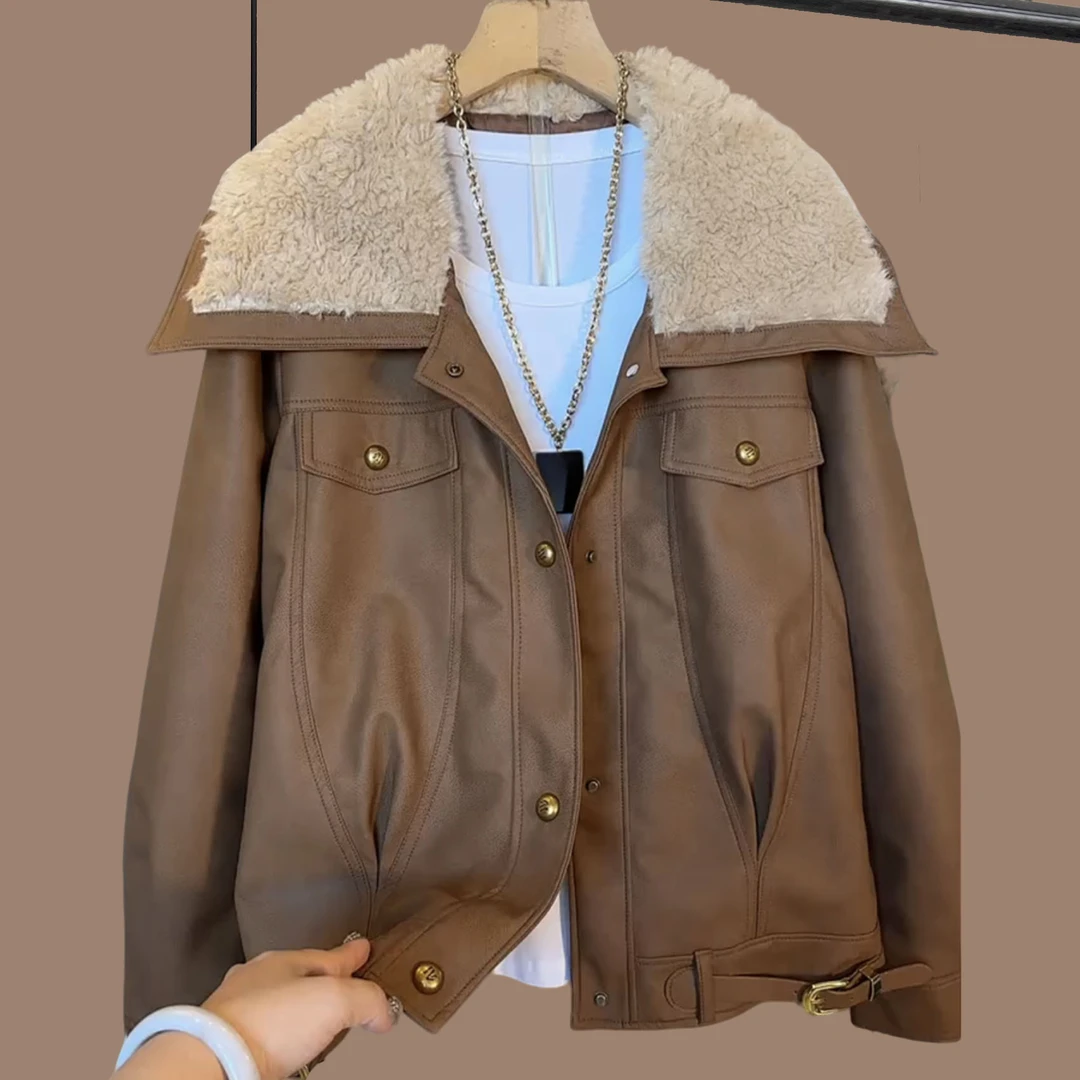 秋冬季大码女装胖妹妹浅咖色披肩毛领纽扣遮肉宽松百搭夹棉单外套