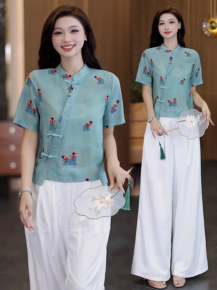 新中式国风套装女2025夏季新款洋气时尚印花上衣显瘦阔腿裤两件套