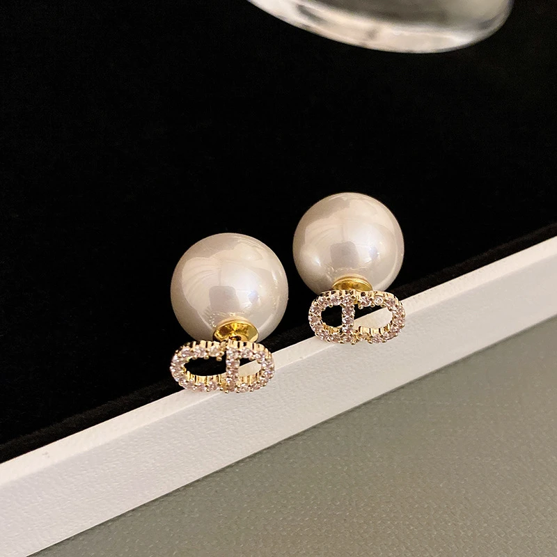 足银玻璃耳饰 足银玻璃耳饰小香风D形锆石耳钉2025气质年新款潮