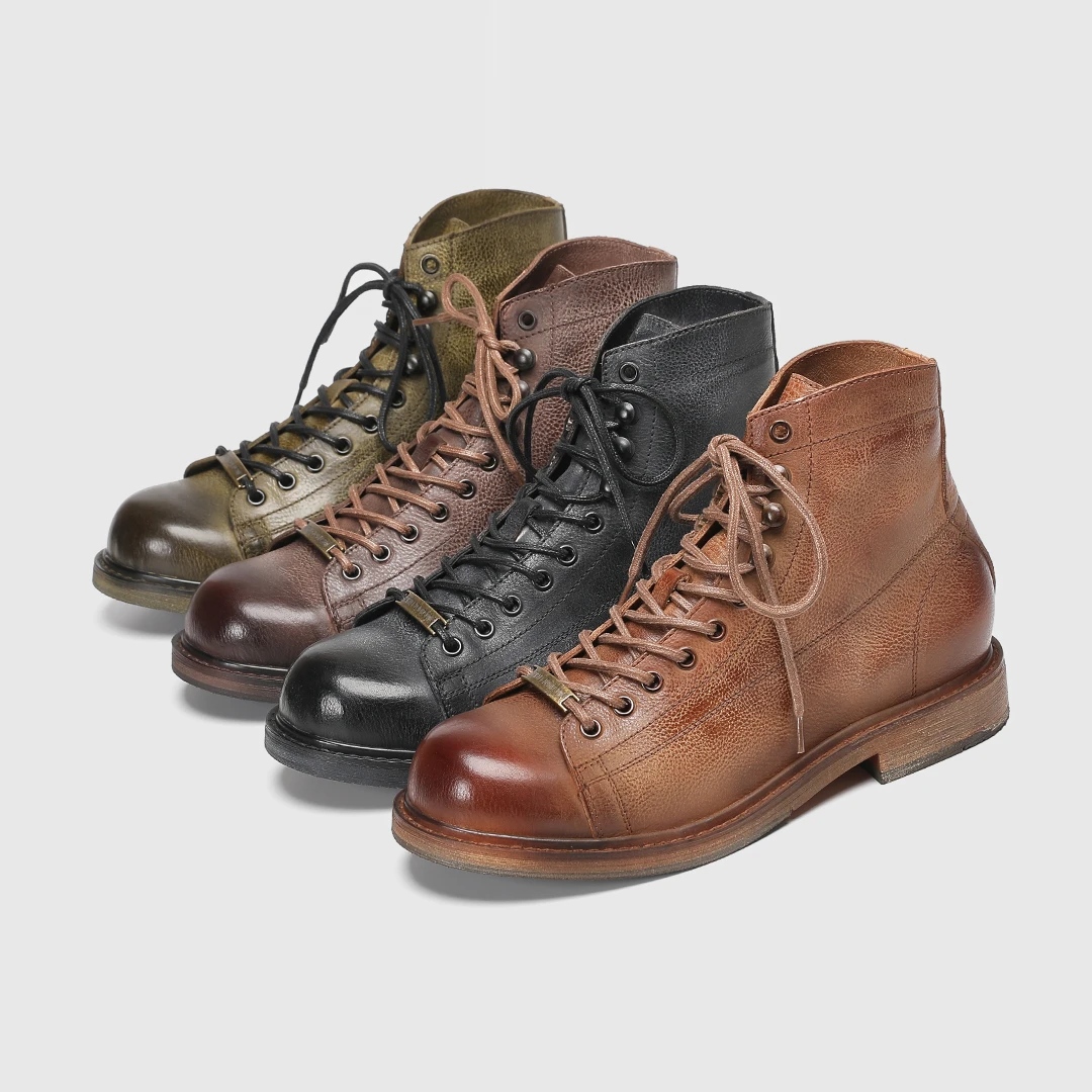 固特异工装靴复古做旧牛皮常规高帮薄款马丁靴秋冬百搭真皮男靴