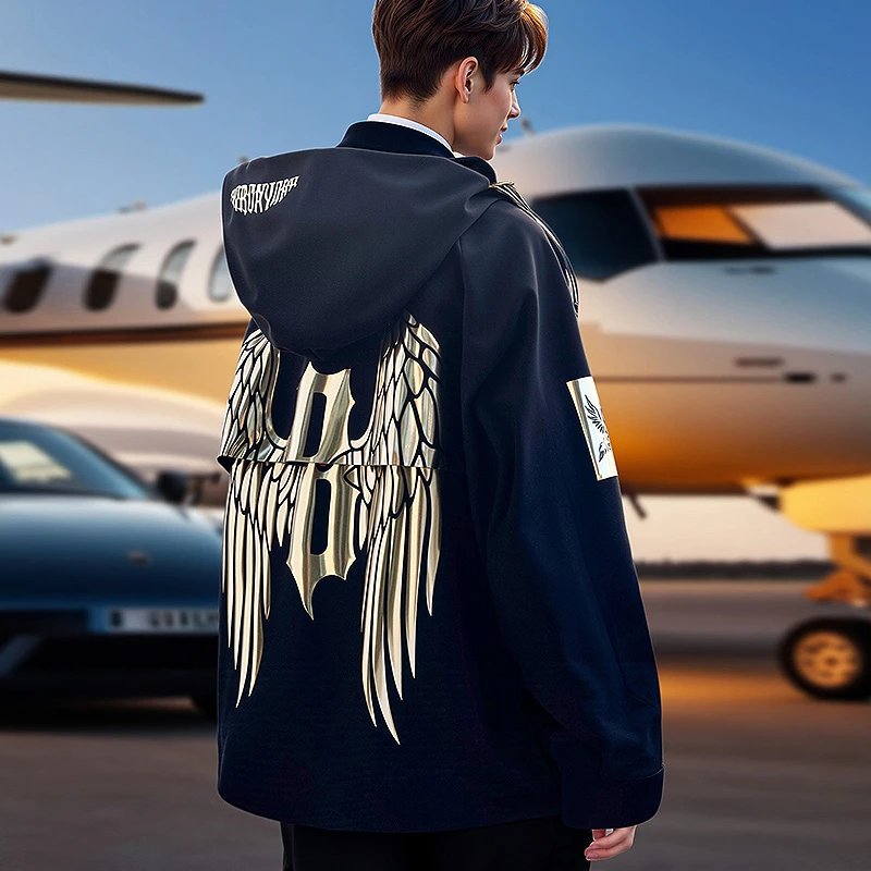 BY潮牌秋冬新款烫金翅膀户外风衣潮流宽松时尚棉服外套男女同款