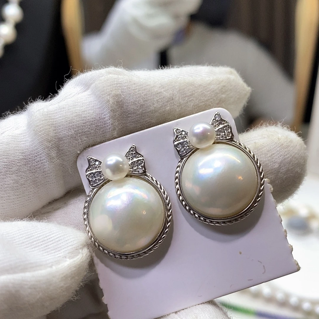 银S925镶嵌拼合珍珠（马贝珠）耳饰