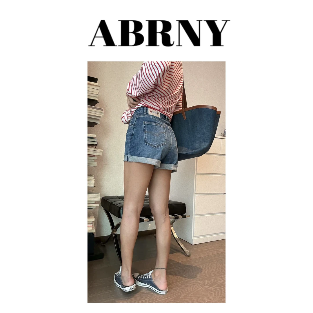 许小黑【短裤皇后】夏季透气高弹中高腰水洗牛仔卷边短裤时尚1898