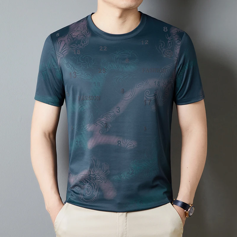 t恤上衣男士休闲夏季半袖印花圆领百搭透气宽松潮流速干高档冰丝