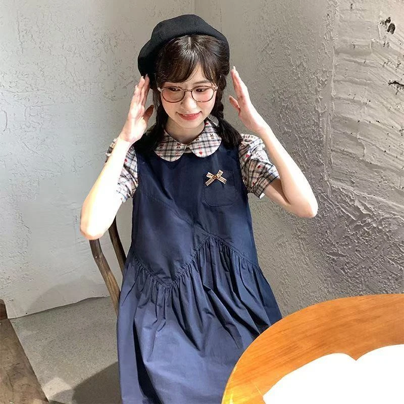 夏季新款复古甜美学院风假两件格子拼接娃娃领连衣裙女大童小个子