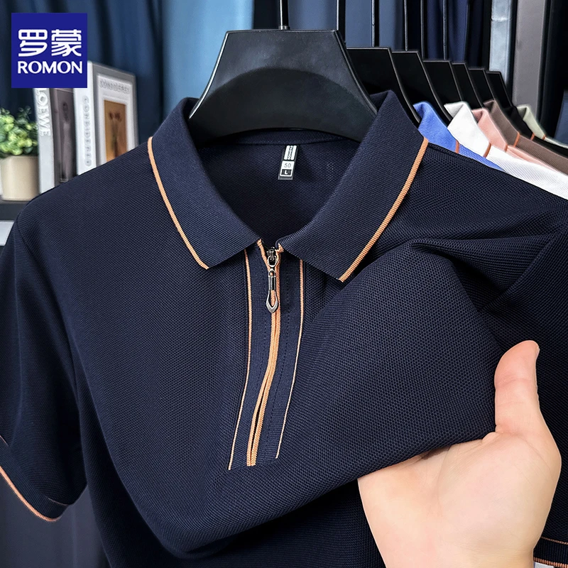 罗蒙薄款Polo衫中年男士夏季轻奢宽松条纹短袖纯色休闲透气拉链
