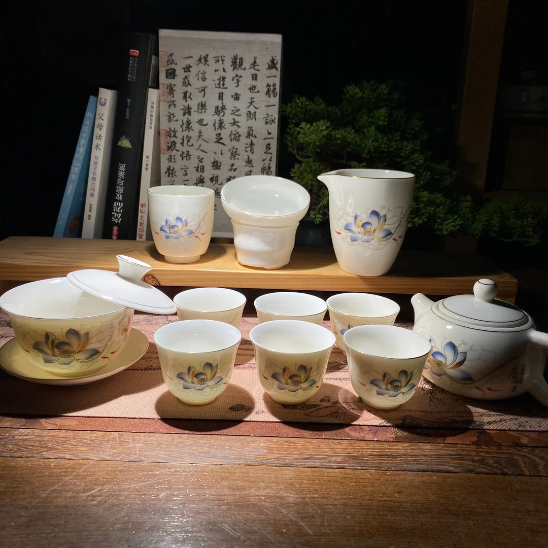 羊脂玉瓷荷塘月色悬停盖碗茶具套装家用功夫泡茶陶瓷茶杯西施壶