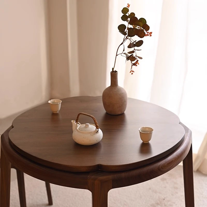 栖逸家居 梅花圆桌 新中式极简黑胡桃实木小圆桌家用