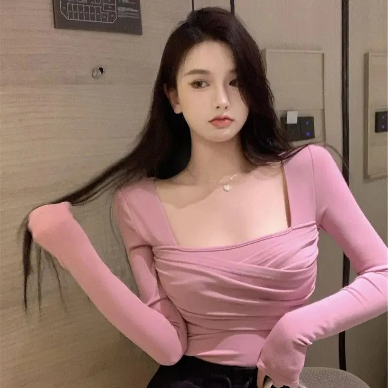 纯欲风方领打底衫上衣女秋冬修身显瘦设计感小众t恤