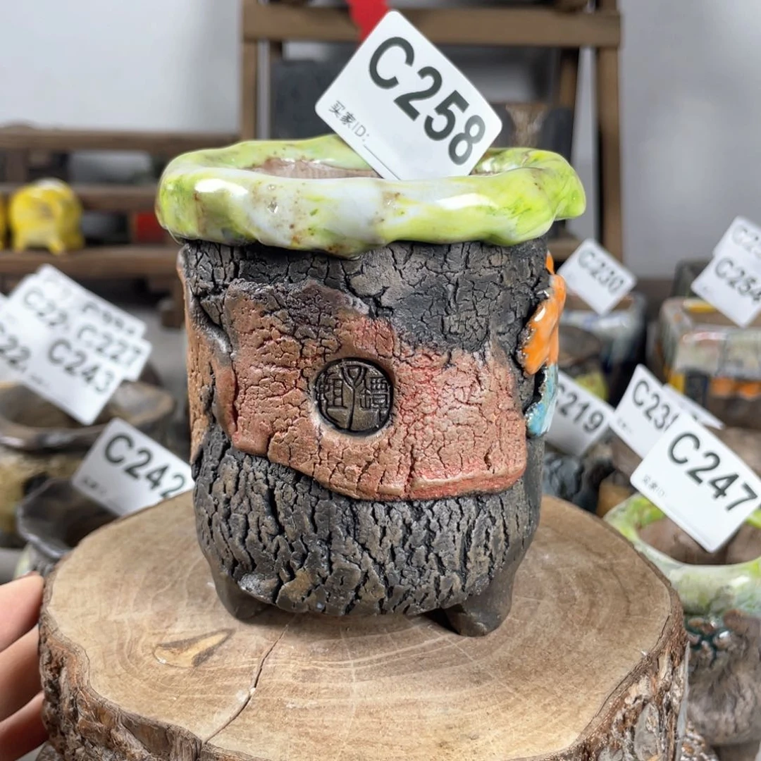 紫砂花盆孤品 不规则油画山石 老桩 内口6.5