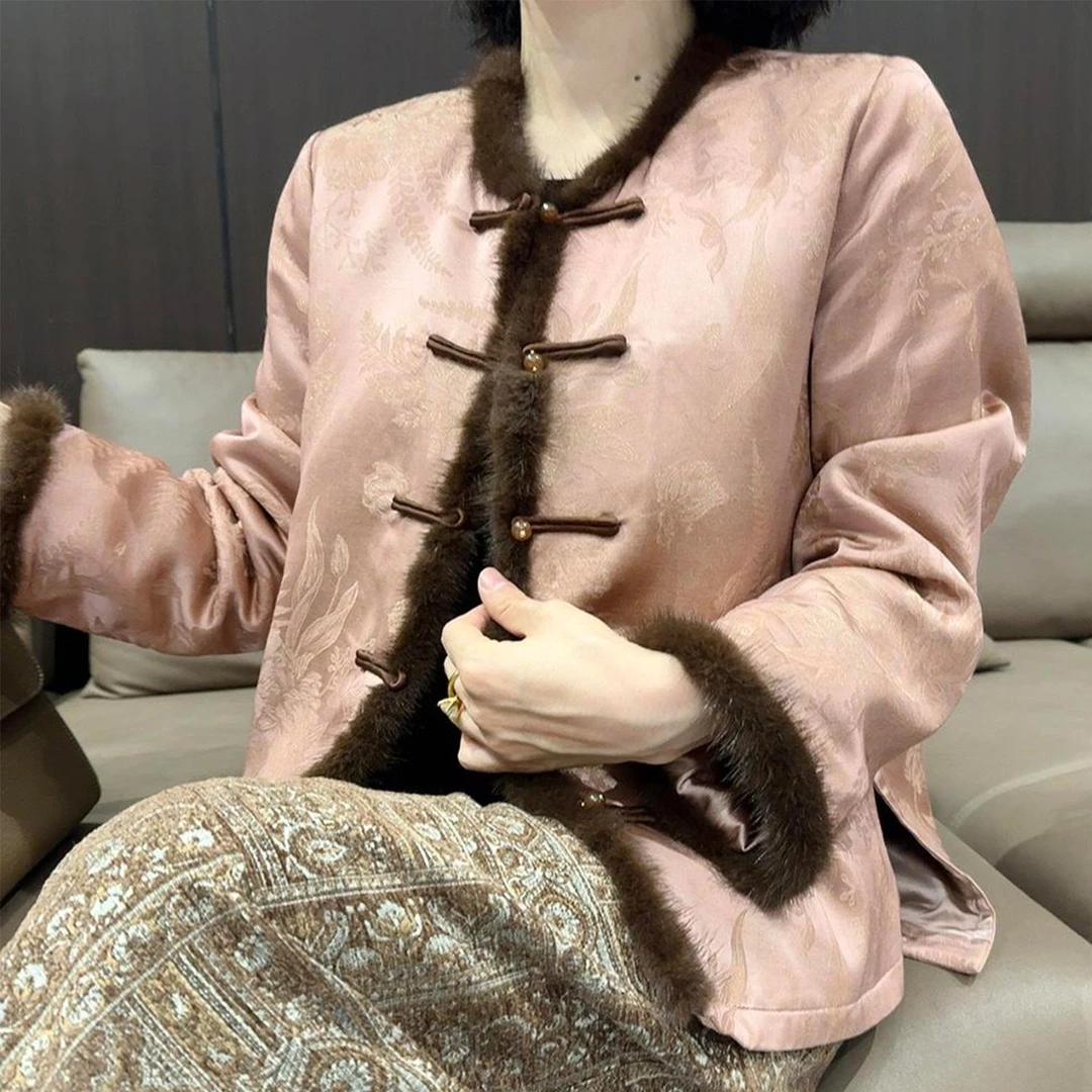 新中式国风秋冬季毛毛拼接提花棉服外套女装气质百搭加厚保暖棉衣