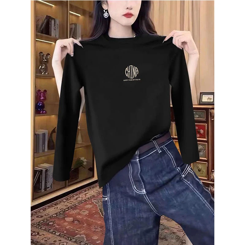 正肩螺纹长袖t恤女2025春秋冬季时尚百搭洋气简约高级感黑色上衣