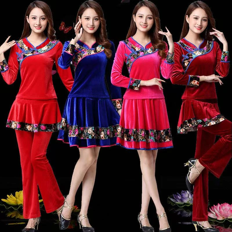 金丝绒广场舞服装新款套装秋季大妈跳舞裙子女中老年演出服春秋