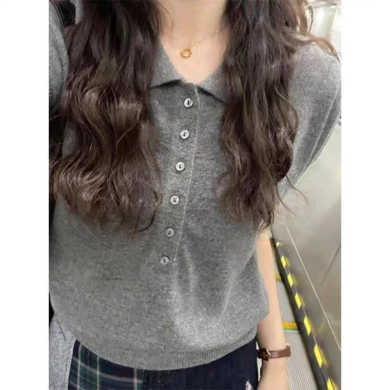 【灰色方领】韩系灰色polo领短袖正肩t恤女夏季短款针织翻领上衣