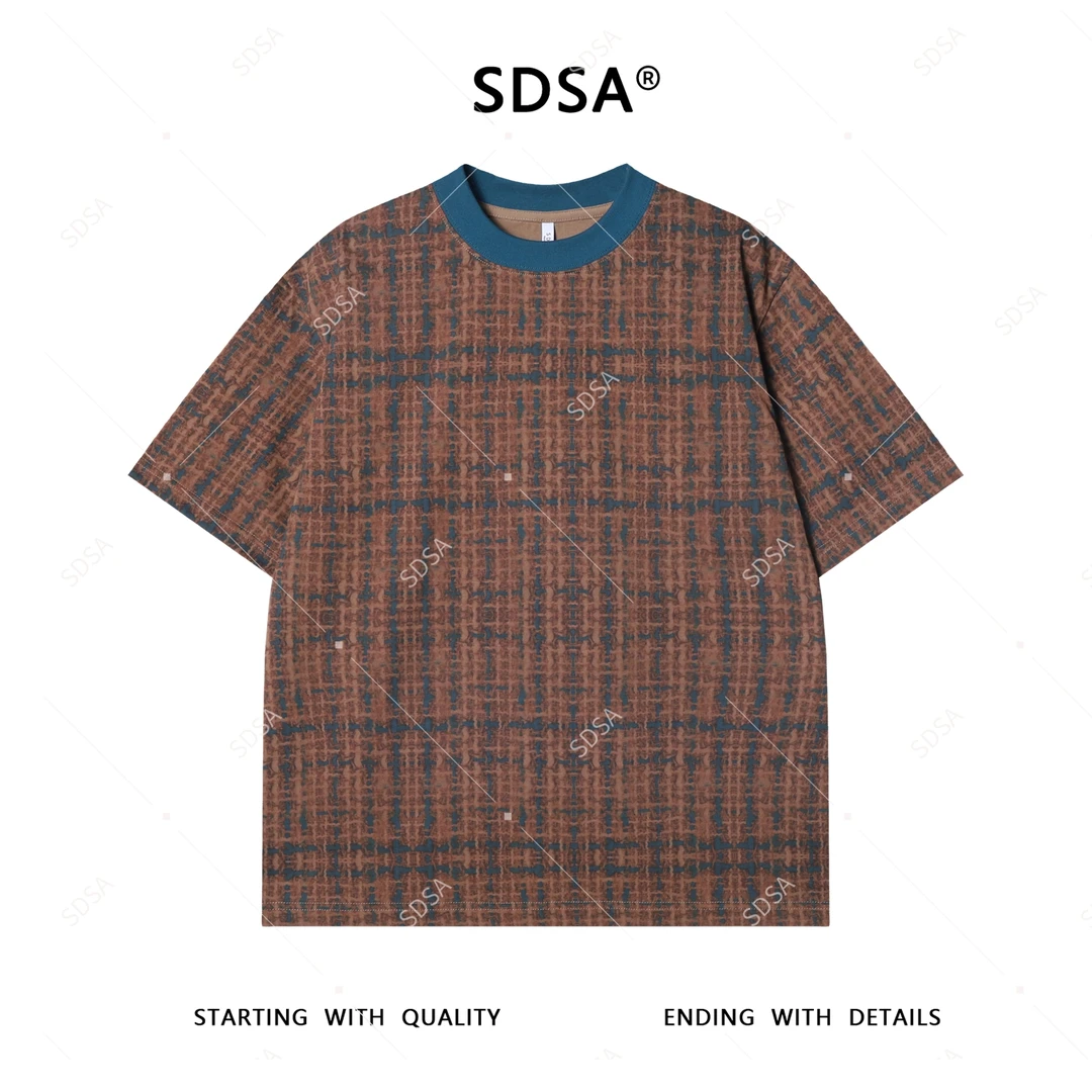 夏季高级感新款男士抽象撞色短袖T恤重磅百搭圆领宽松休闲上衣