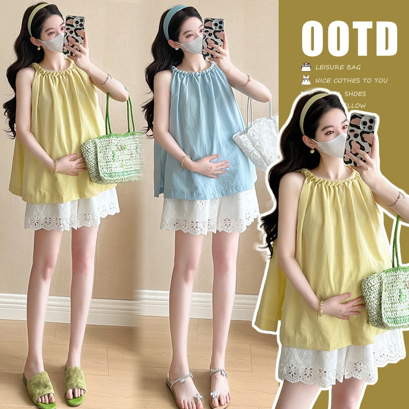 2025夏季新款韩系甜美百搭背心吊带上衣T恤搭配蕾丝短裤孕妇装