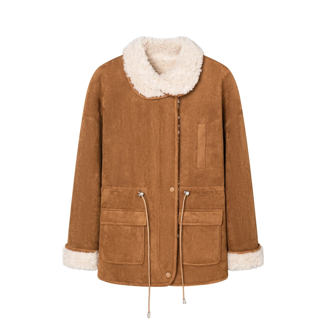 1艾家羊羔毛复合皮毛一体抽绳收腰工装外套2025冬新款25331