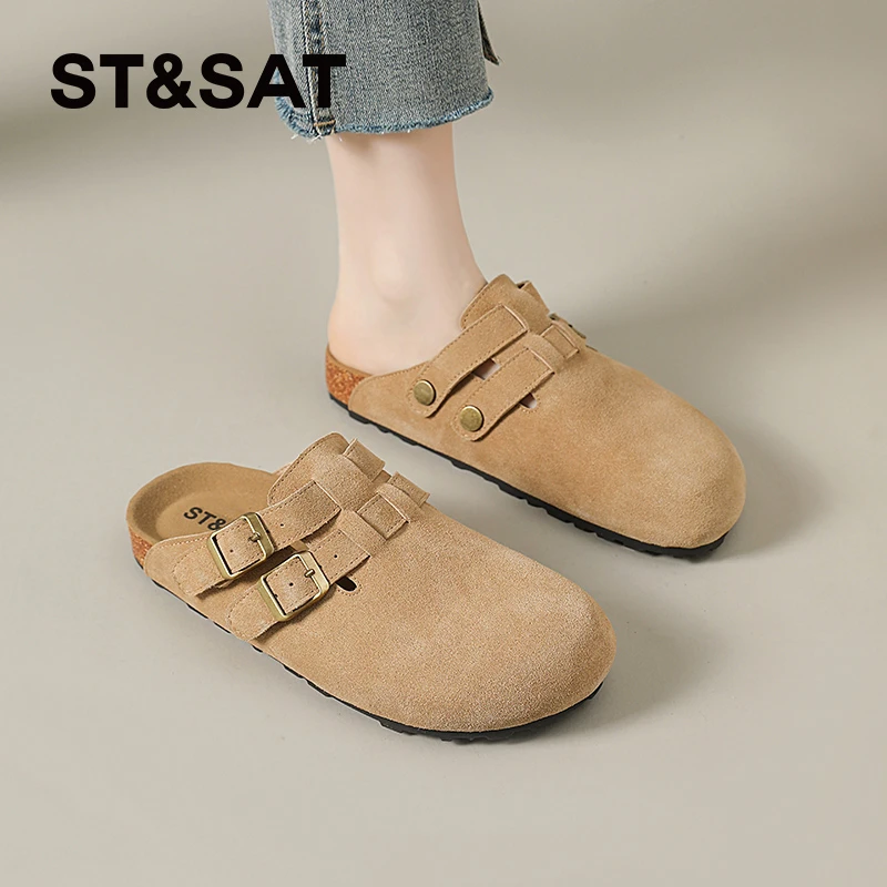 星期六真皮勃肯鞋女款2025春秋新款厚底包头半拖鞋休闲一脚蹬单鞋