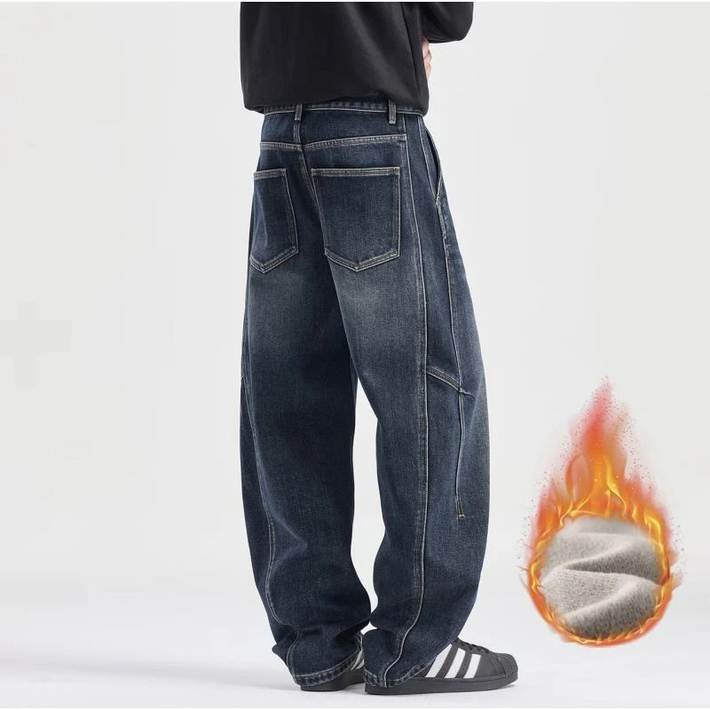 冬季加绒厚款美式复古弯刀牛仔裤男宽松直筒潮流大码拼接休闲长裤