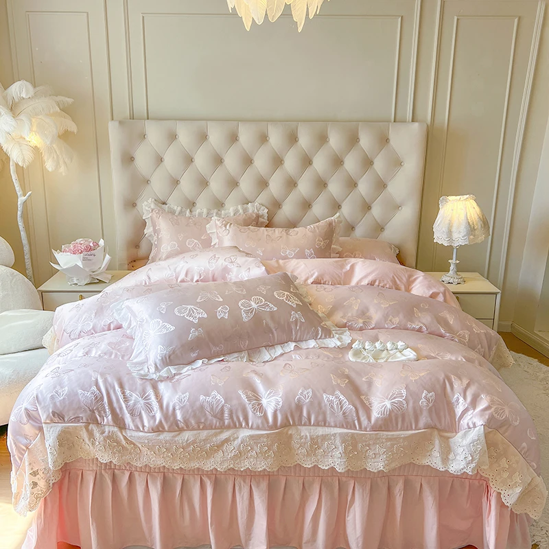 【真珍】蝶与梦 全棉纯棉贡缎提花法式公主风被套加厚床盖四件套