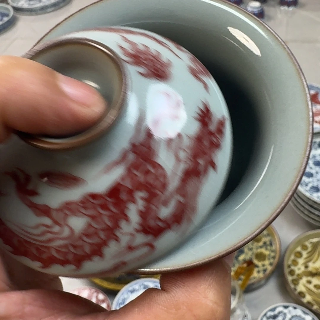 杯老陶泥釉里红海水龙两才盖碗