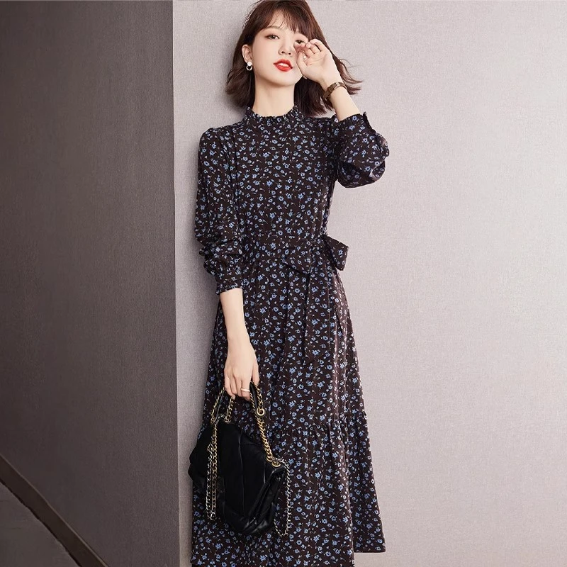 碎花雪纺连衣裙子女装早春秋冬季2025新款长袖气质小个子显瘦长裙
