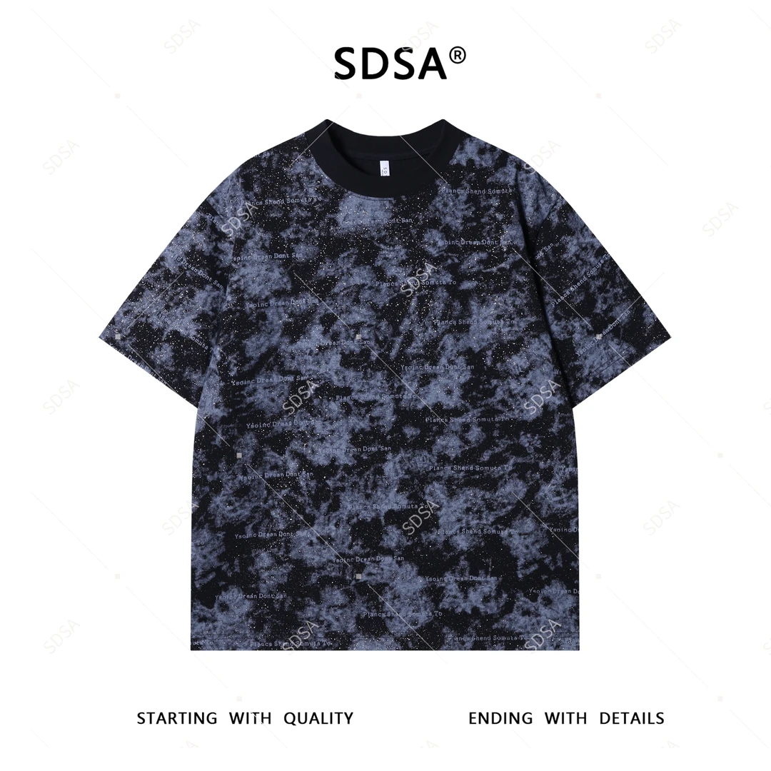 SDSA男士短袖t恤2025新款轻痞帅男装扎染满天星字母印花圆领上衣