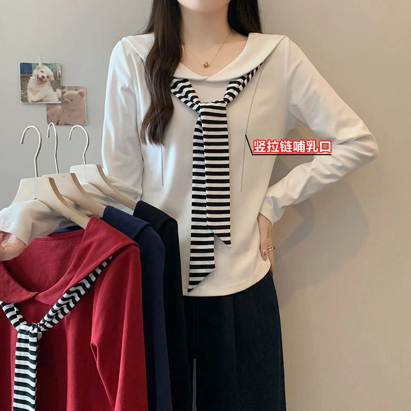 春秋长袖外出哺乳衣减龄条纹绑带娃娃领竖拉链方便产后喂奶上衣