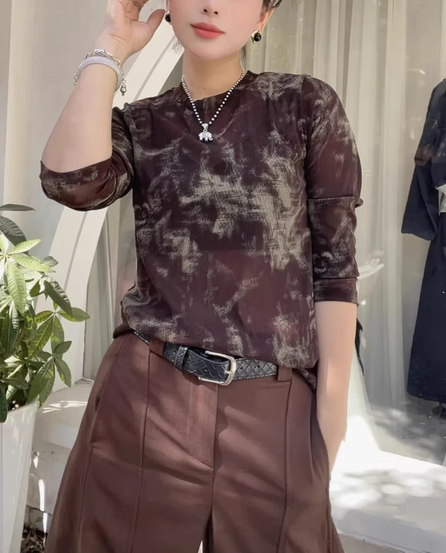 2025新款韩版宽松显瘦百搭圆领长袖网纱T恤女休闲打底衫上衣潮