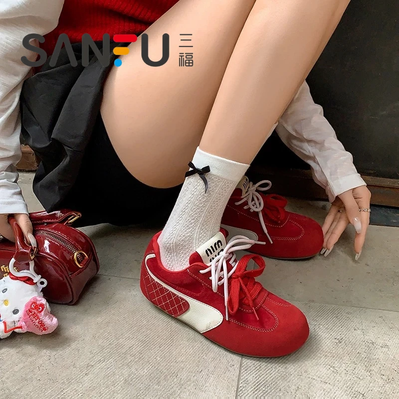 三福胶粘春季德训鞋圆头时尚休闲鞋阿甘鞋夏季休闲复古老爹鞋学生