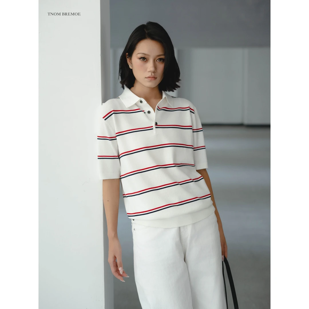 TB【简约系列】男女同款夏季通勤老钱风条纹针织翻领百搭POLO短袖
