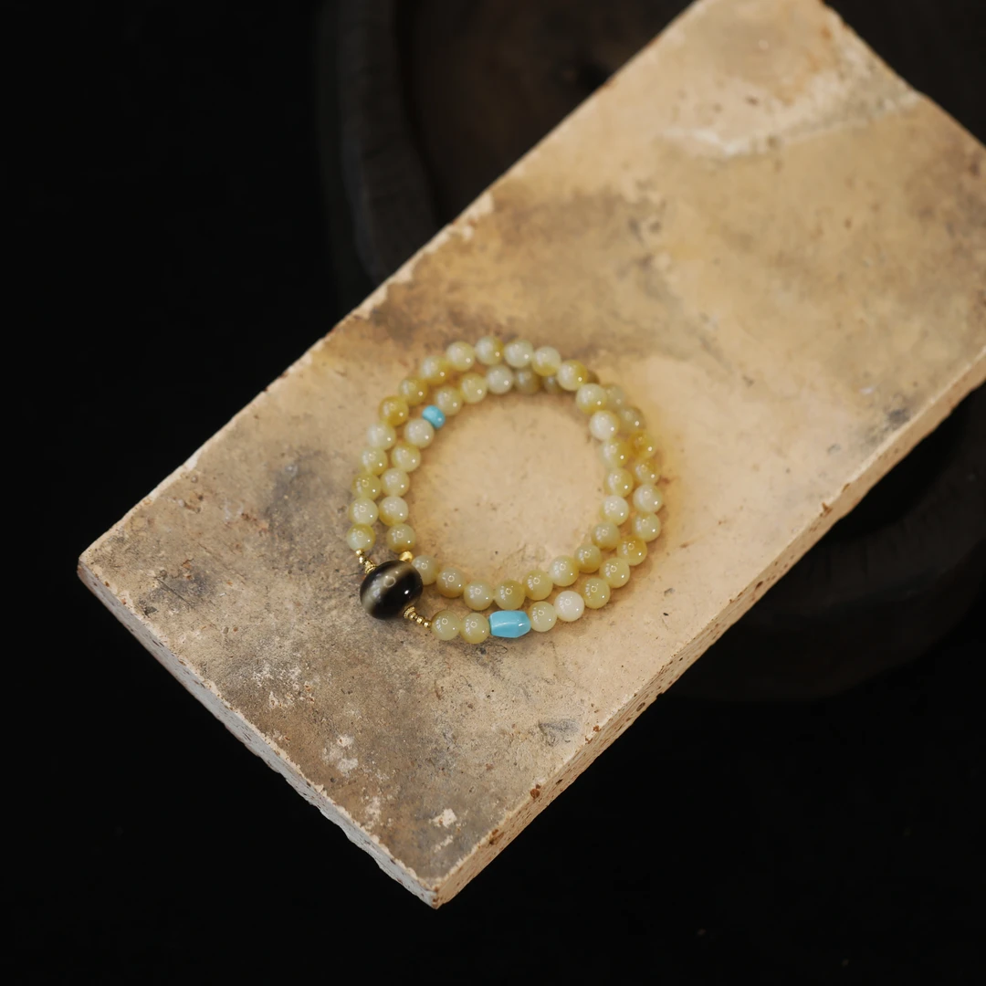 麦麦【冉琪】天然和田玉糖料+天天+松+18K  手串 药师 多样性发一