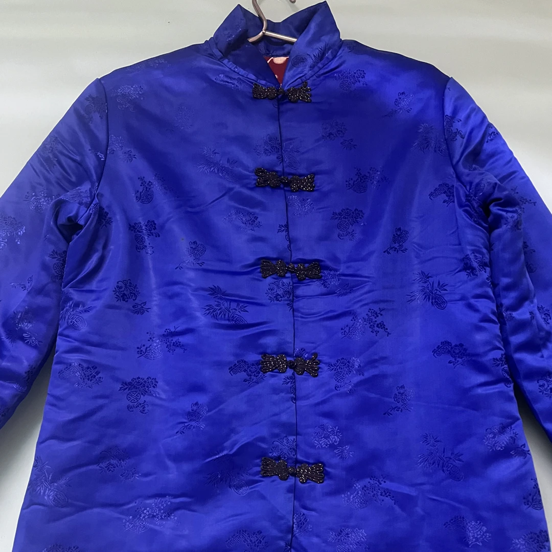 女款XL码宝蓝色缎面提花梅竹牡丹图纯棉内里手工缝制中后款