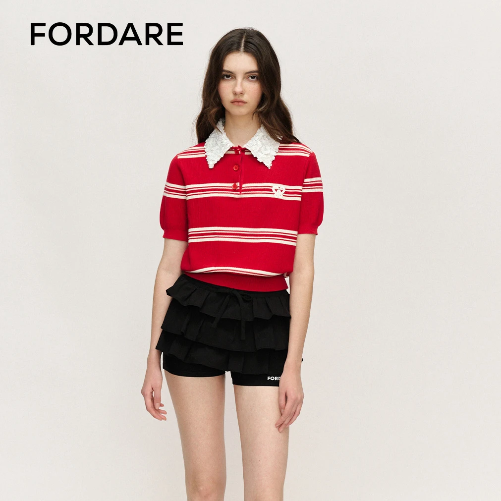 FORDARE福蝶 25春季新品 红色条纹重工POLO领毛织上衣短袖2237