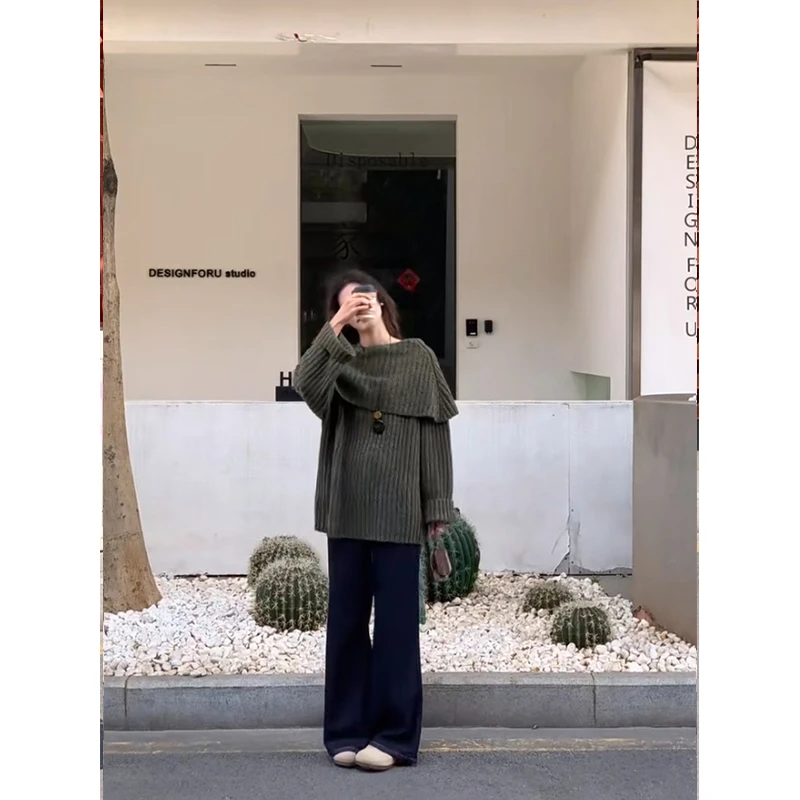 2025秋季新款设计感慵懒风套头大翻领针织衫上衣女复古高腰牛仔裤