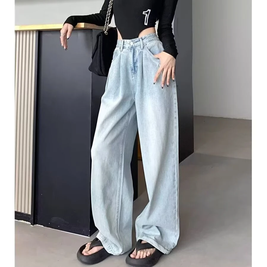 高腰阔腿牛仔裤女薄款夏季2025新款梨形身材显瘦百搭弯刀拖地裤子