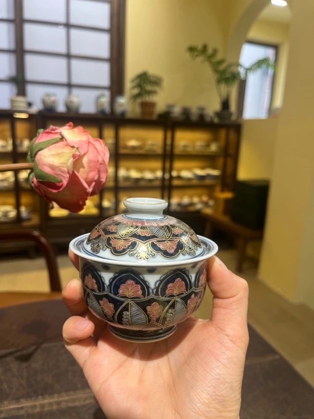 H雪山春晓描金曼陀罗花釉里红福袋盖碗盖下容量110毫升新手好持握