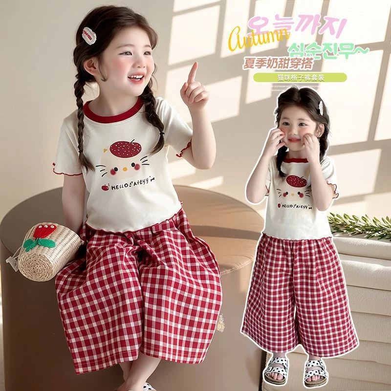 超萌少女风格子可爱印花时尚小清新夏季小女孩洋气小众套装女童潮