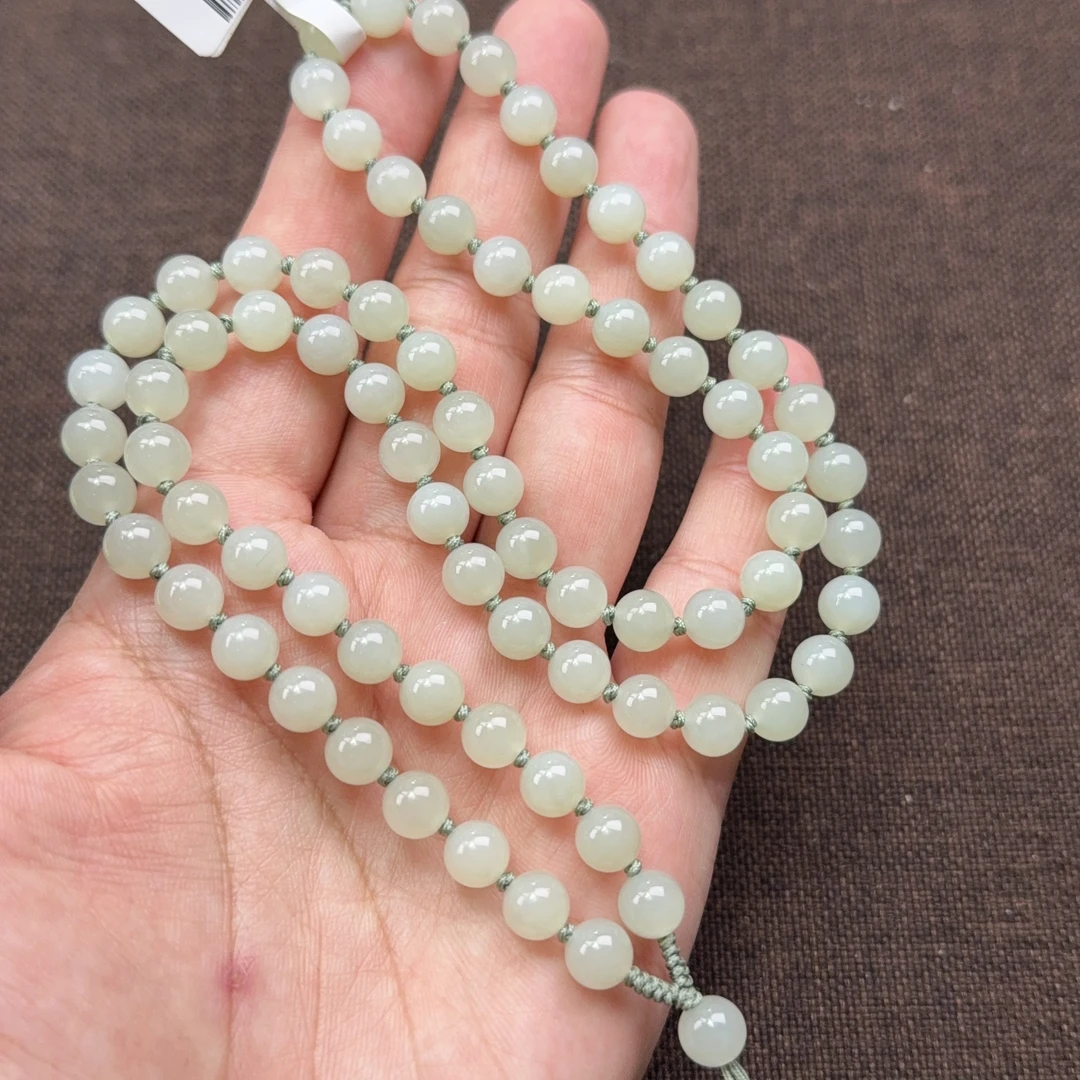 和田玉晴白圆珠卡7mm玉石珠链挂绳百搭款保真60厘米长绿色时尚