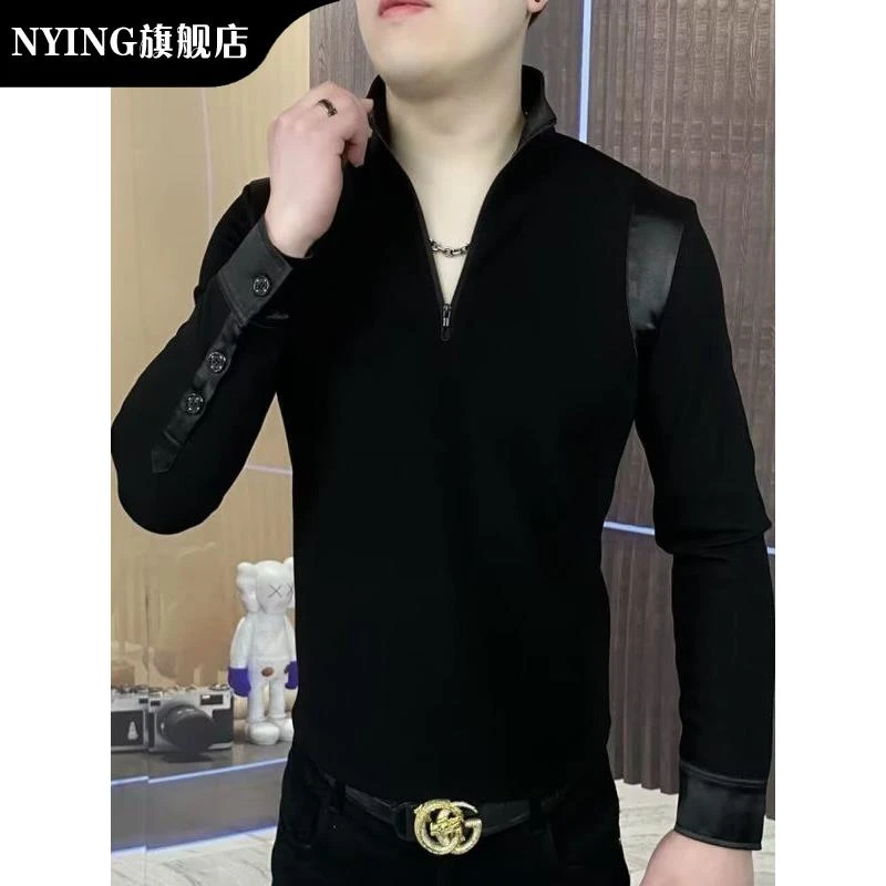 NYING2025秋季男士卫衣半拉链轻奢时尚简约拼接修身袖POLO衫长袖