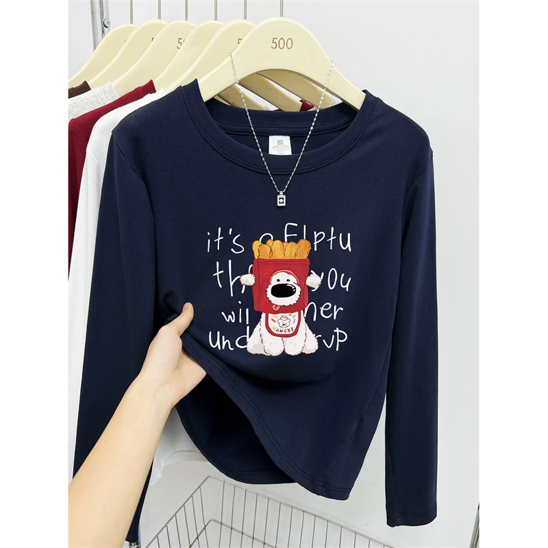 薯条小狗圆领正肩长袖T恤女2025秋季新款胖mm大码遮肉打底衫上衣