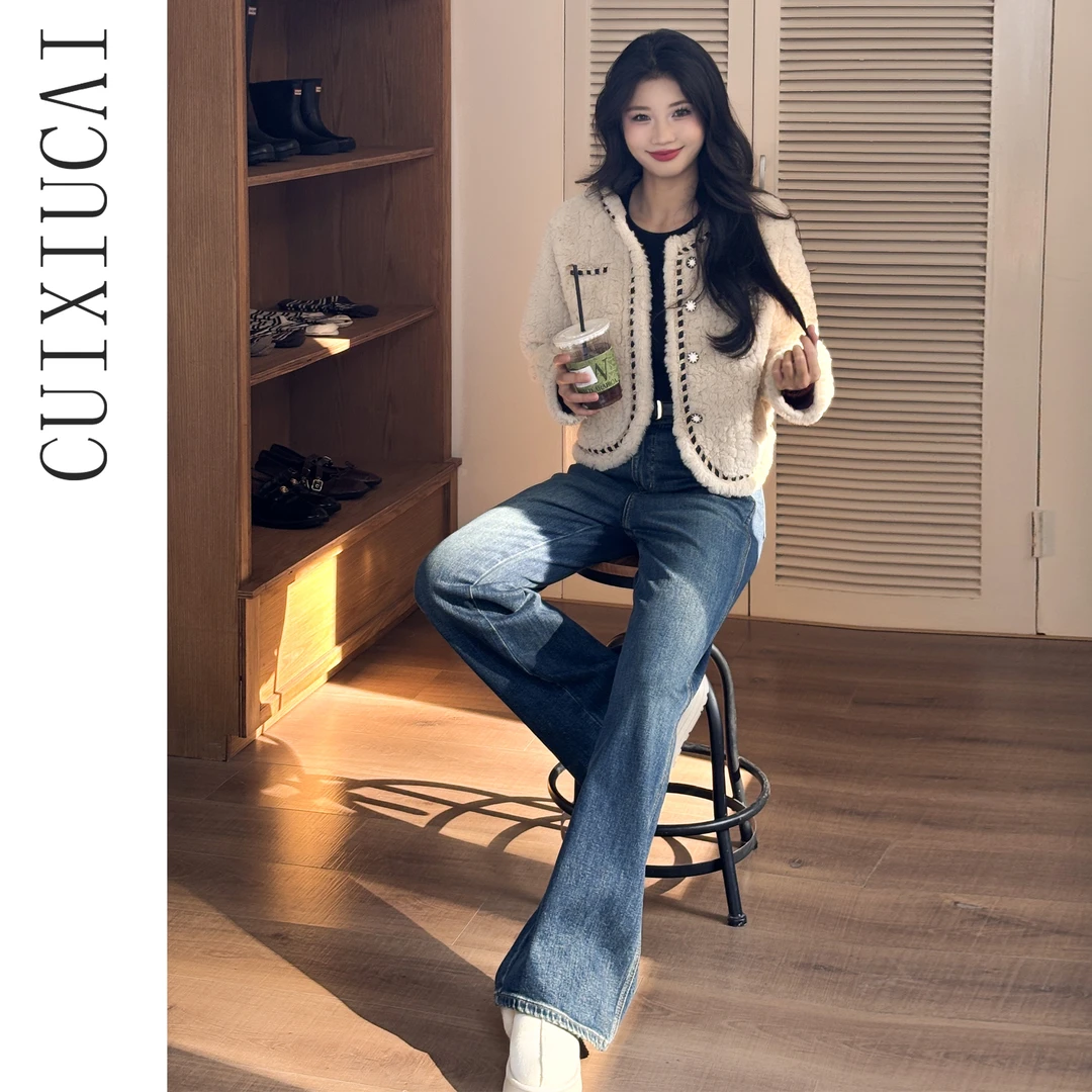 直筒喇叭裤丨高腰显瘦牛仔裤2025春夏加绒新款不贴腿微喇牛仔裤