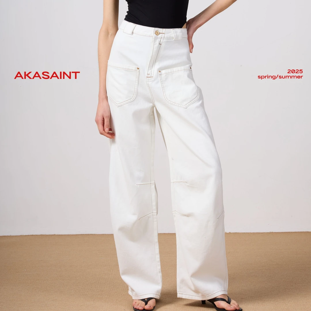 AKASAINT"banana"香蕉弯刀型解构茧型显瘦高腰白牛仔裤