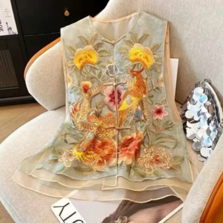 新中式夏季圆领重工刺绣薄款气质百搭女性马甲