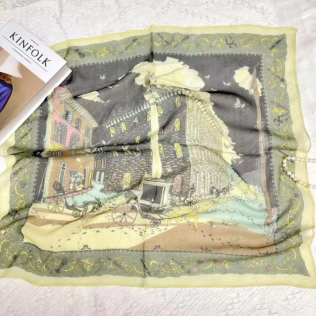 【河畔古城】65cm100%桑蚕丝乔其纱丝巾围巾中方巾送人礼物