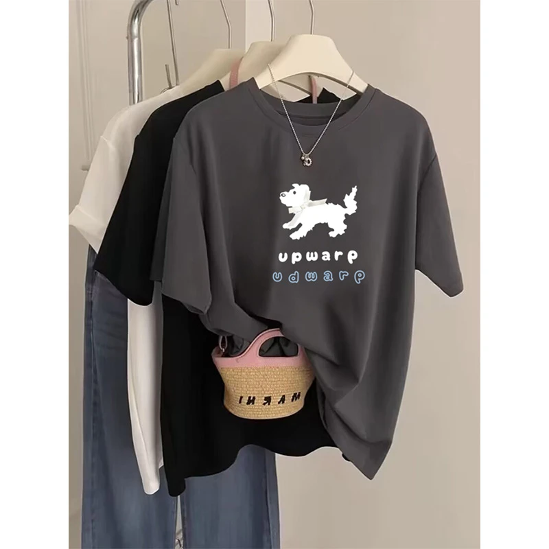 正肩炭灰色短袖t恤女2025新款夏季宽松圆领百搭体恤薄款上衣ins潮