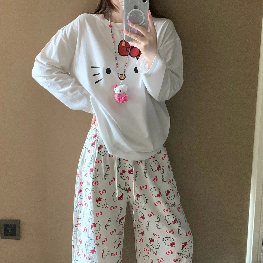 长袖睡衣女士春秋季云朵棉大码可外穿2025新款红结kt猫套装家居服