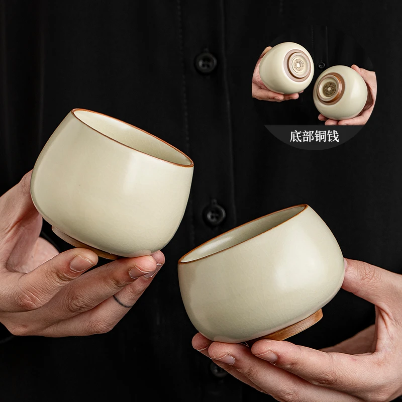 汝窑米黄铜钱开片茶杯品茗杯单杯主人杯功夫茶具个人专用汝窑茶杯