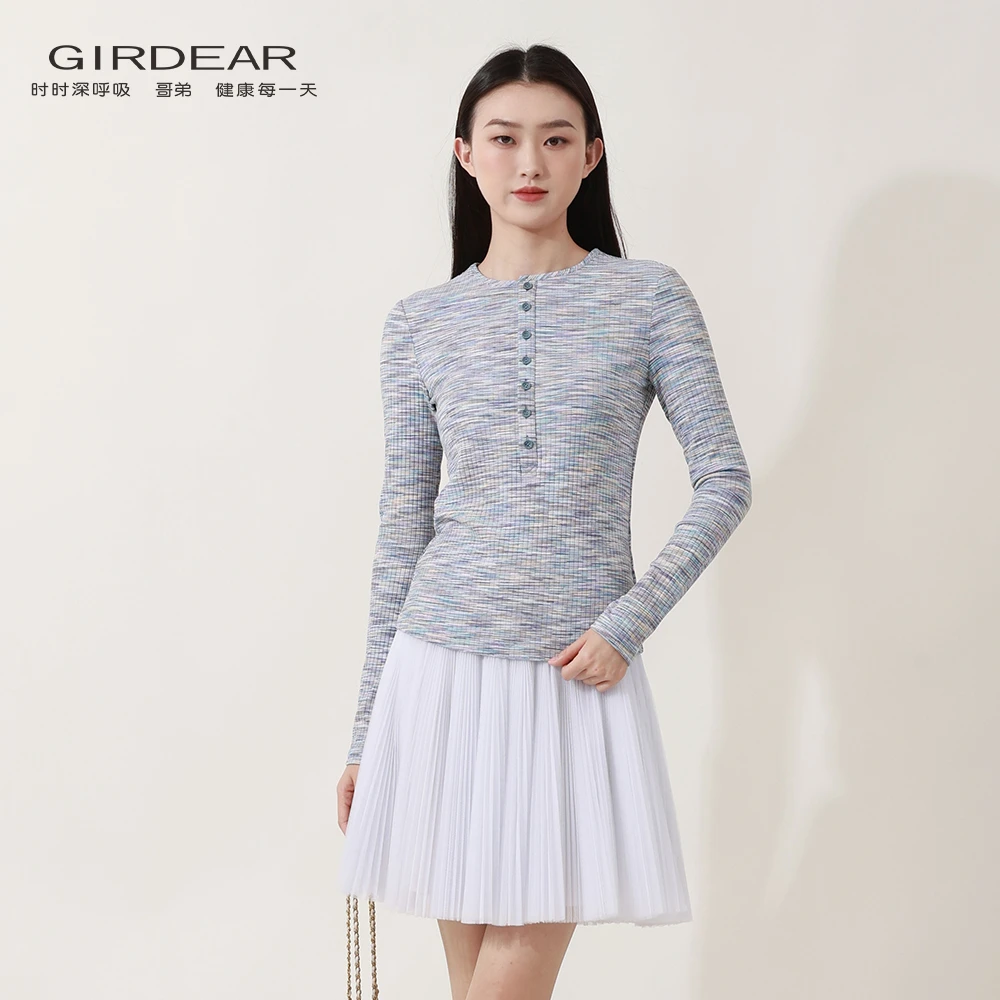 哥弟 新款时尚减龄简约修身百搭半门襟蓝色彩条长袖T恤女1301032