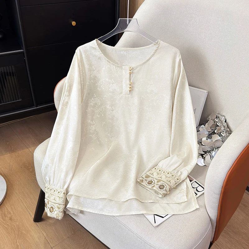 2025秋季新款时尚缎面提花复古新中式重工刺绣高级感气质衬衫上衣